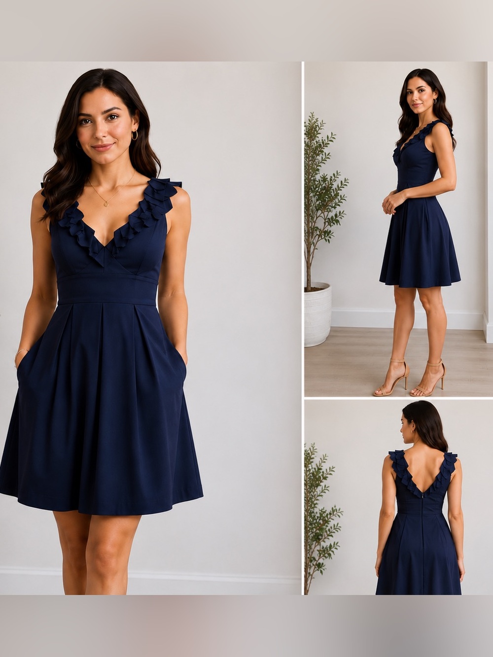 BCBGMAXAZRIA Navy Ruffle V-Neck Fit & Flare Dress Size OS